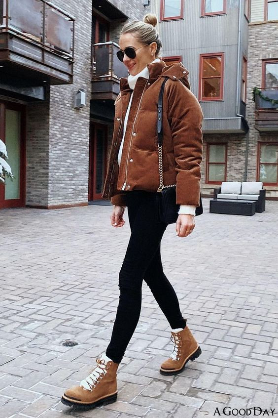 Women's Black Legging, Brown Casual Winter Jacket, Brown Casual Boot, Ski Trip Outfits: 