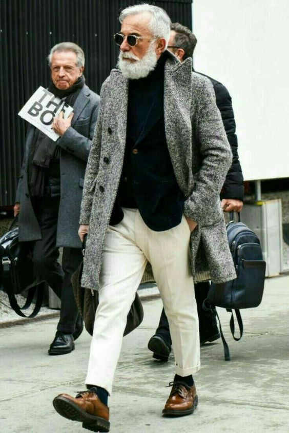 Grey Wool Coat, Over 50 Wardrobe Ideas With White Formal Trouser, 50 Year Old Man Fashion: 