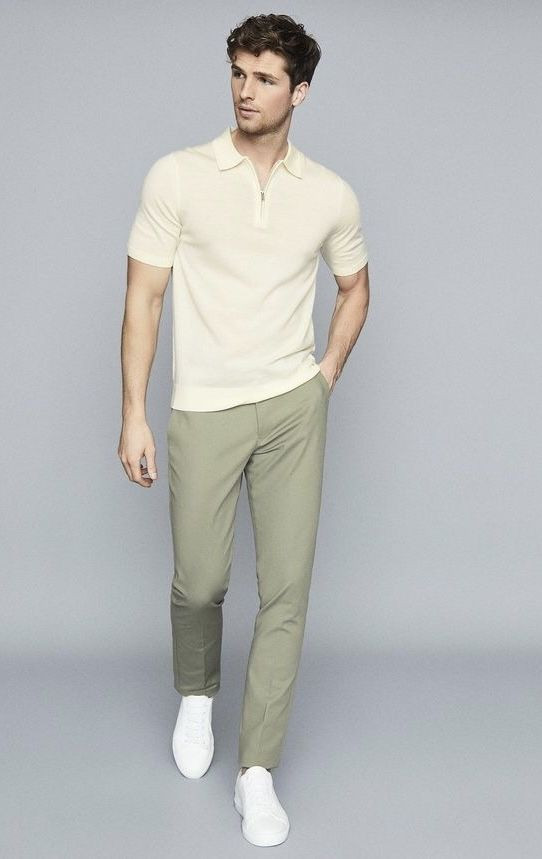 Green Casual Trouser, Chinos Outfits With Beige Polo-shirt, Best Beige Chinos Outfit Ideas: 