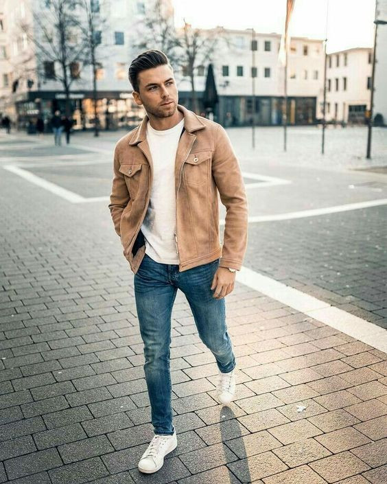 Beige Casual Jacket, Bomber Jacket Outfits With Dark Blue And Navy Casual Trouser, Men's Casual Fashion 2022: 