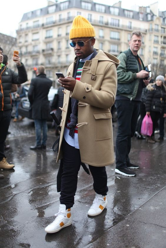 Beige Jackets And Coat, Pea Coat Outfit Trends With Black Sweat Pant, Men Duffle Coat Outfit: 