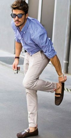 Light Blue Denim Shirt, Loafers Fashion Outfits With Beige Casual Trouser, Men Dress For Date: 