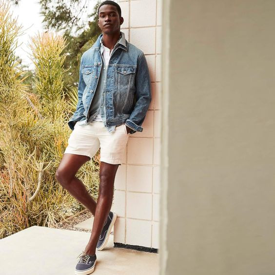 Blue Casual Jacket, Stylish Summer Fashion Tips With White Denim Short, Denim: 