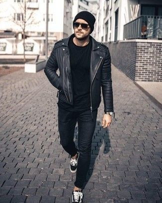 Black Biker Jacket, Men's Wardrobe Ideas With Black Jeans, Men Black Leather Jacket: 