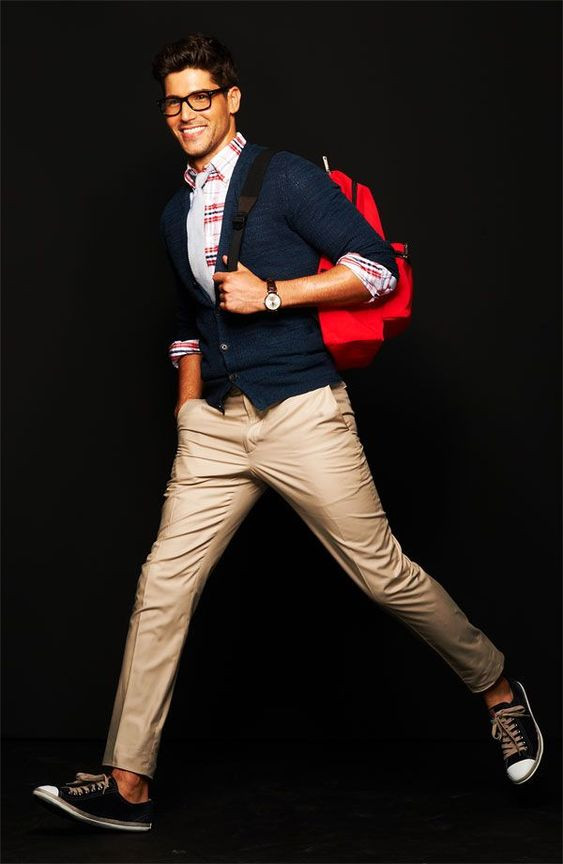 Dark Blue And Navy Cardigan, Nerd Ideas With Beige Casual Trouser, Boy In Nerdy Clothes: 