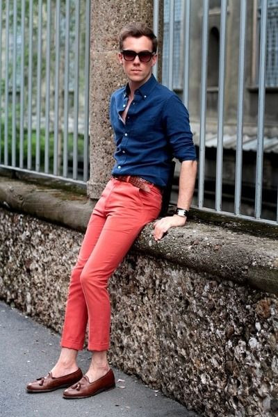 Dark Blue And Navy Denim Shirt, Semi Formal Fashion Trends With Pink Jeans, Red Pant Matching Shirt: 