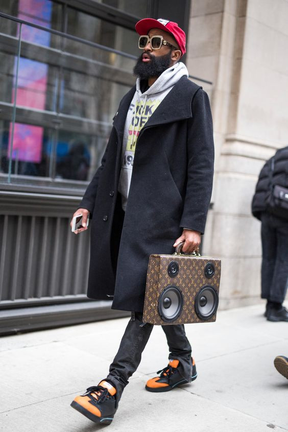 Black Winter Coat, Pea Coat Outfit Designs With Grey Sweat Pant, Winter Streetwear Outfits: 