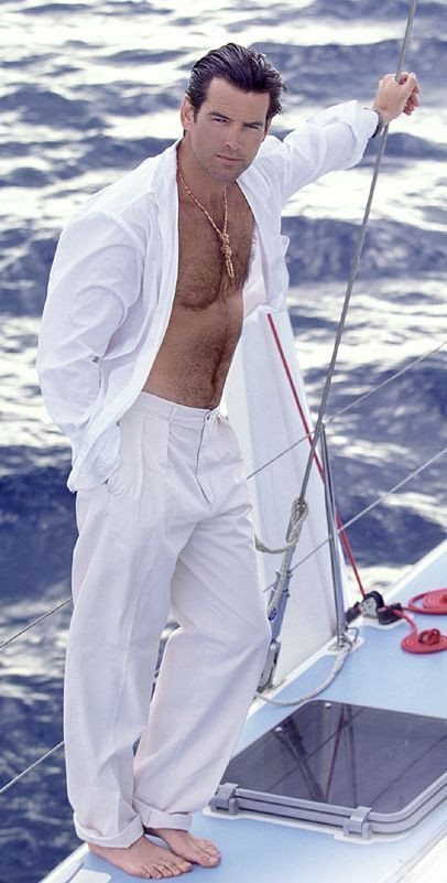 White Shirt, Boating Outfit Designs With White Pant, Pierce Brosnan Hot: 