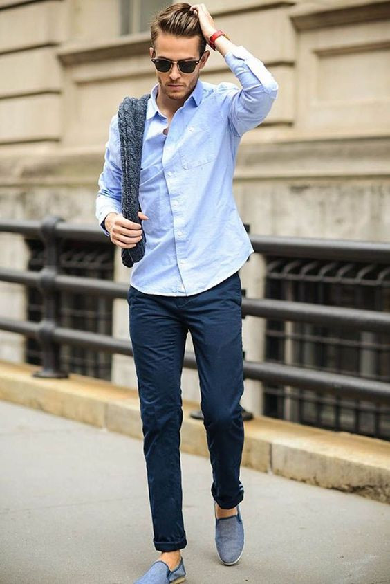 Light Blue Shirt, Loafers Outfits With Dark Navy Jeans, Combinar Zapatos Azules Navy blue, casual wear, zapato hombre azul