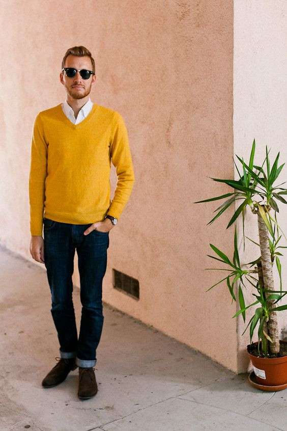 Yellow Sweater, Mustard Sweater Outfit Trends With Dark Blue And Navy Casual Trouser, Men's Mustard Sweater Outfit: 