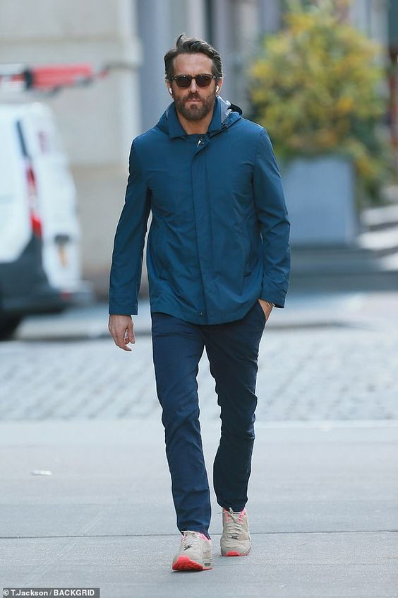 Dark Blue And Navy Harrington Jacket, Windbreaker Wardrobe Ideas With Dark Blue And Navy Casual Trouser, Ryan Reynolds Casual: 