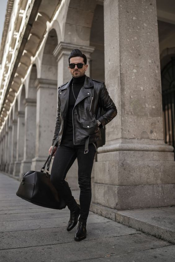 Black Biker Jacket, Men's Outfit Designs With Black Casual Trouser, Jacket Boots Outfit Men: 