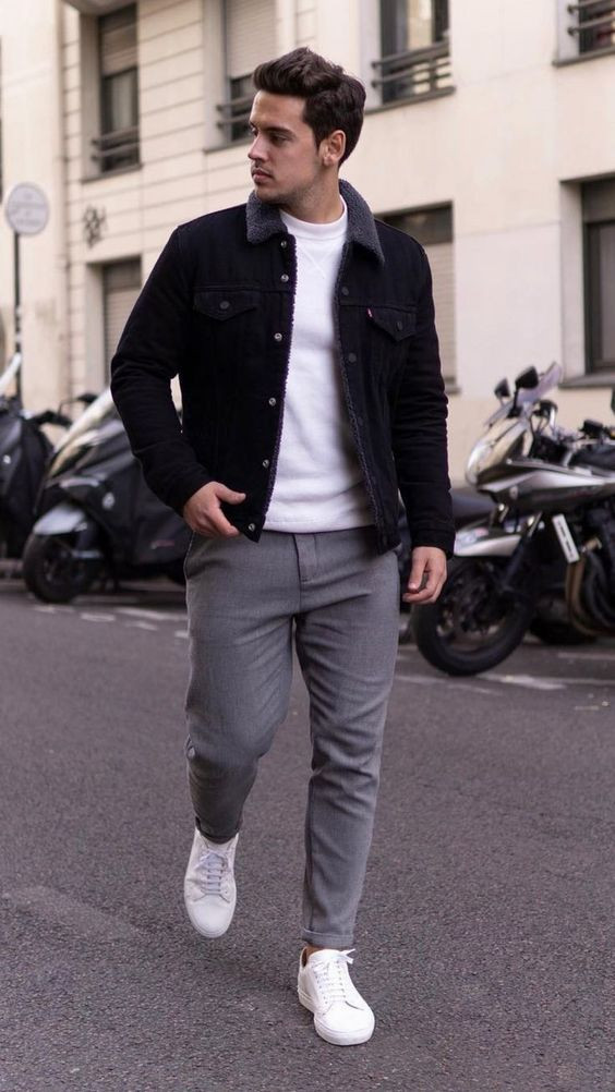 Black Casual Jacket, Clubbing Outfits Ideas With Grey Sweat Pant, Cool Street Style Men's: 