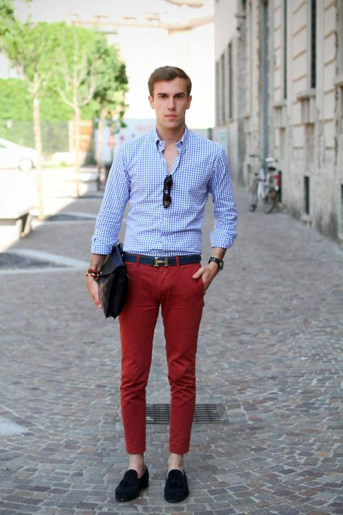 Light Blue Shirt, Semi Formal Wardrobe Ideas With Red Jeans, Maroon Colour Pant Matching Shirt: 