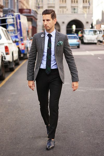 Grey Suit Jackets And Tuxedo, Men's Prom Outfits Ideas With Black Suit Trouser, Black Chinos Grey Blazer: 