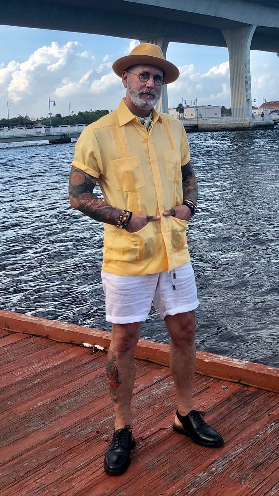 Yellow Shirt, Over 50 Attires Ideas With White Denim Short, Summer Outfits For Men Over 50 To Stay Cool: 