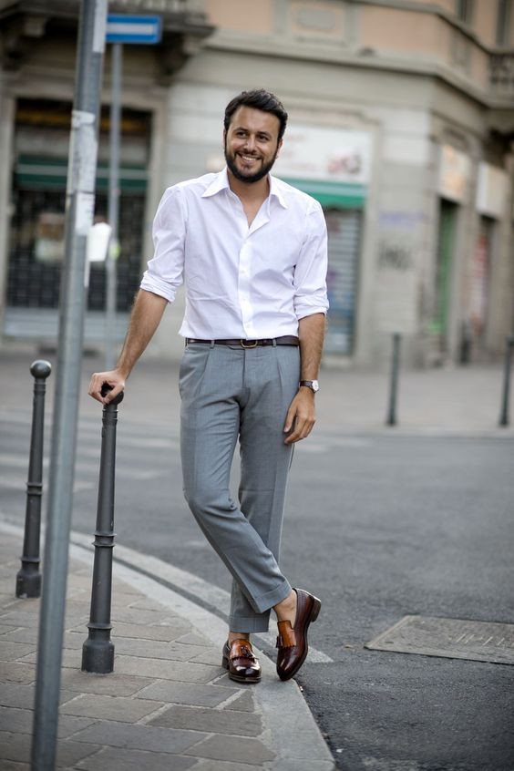 Grey Formal Trouser, Chinos Outfit Trends With White Shirt, Formal Style Milan Men: 