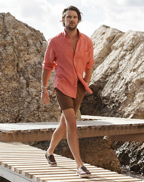 Orange Shirt, Boating Outfit Designs With Beige Casual Short, Male Beachwear: 