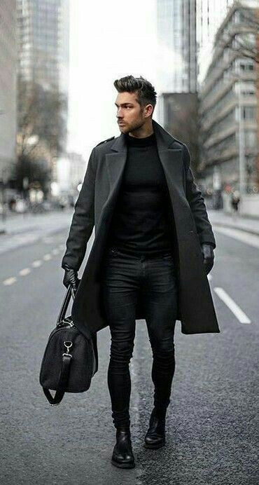 Black Winter Coat, Men's Fashion Wear With Black Leather Trouser, Black Turtleneck With Overcoat: 