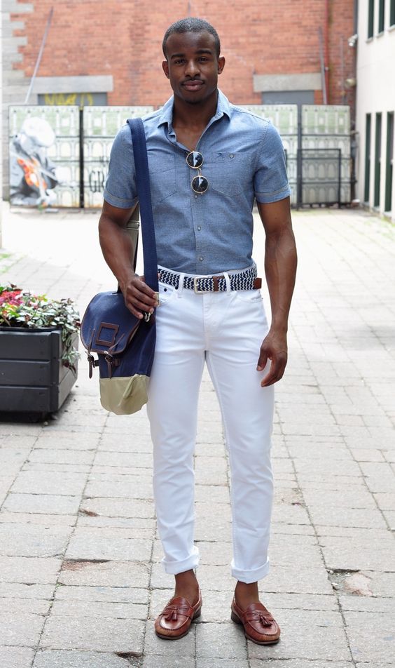 Light Blue Denim Shirt, Semi Formal Fashion Outfits With White Jeans, Men In White Jeans: 