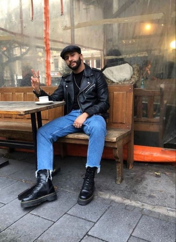 Black Biker Jacket, Dr. Martens Fashion Trends With Light Blue Jeans, Boots Outfit Men 2022: 