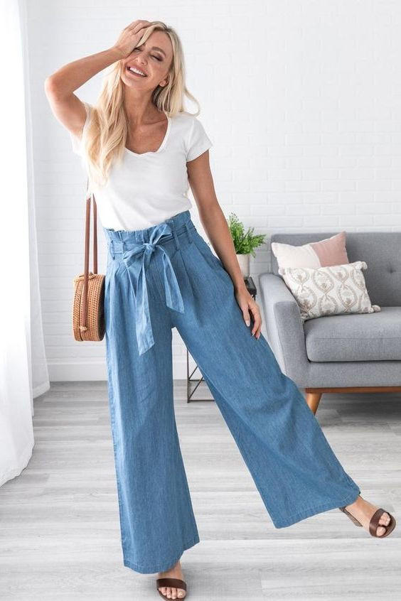 Light Blue Casual Trouser Culottes Fashion Tips With White Tshirt Light  Blue Palazzo Pants Outfit  Palazzo pants womens clothing