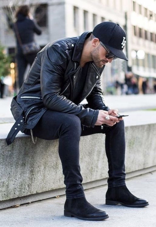 Black Biker Jacket, Black Boots Fashion With Black Casual Trouser, Chelsea Boots With Hat Dress shoe, chelsea boot, black boots