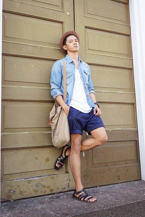 Light Blue Denim Shirt, Stylish Winter Outfit Designs With Dark Blue And Navy Denim Short, Men Sandals Outfit: 