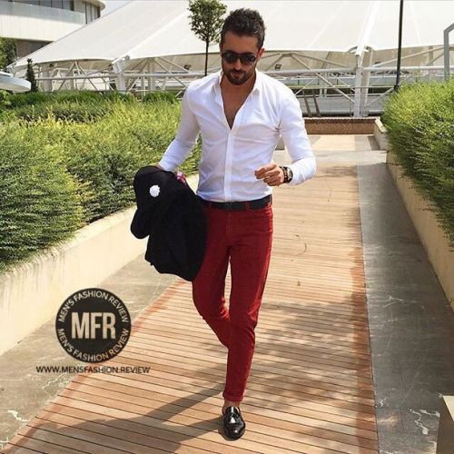 White Denim Shirt, Semi Formal Outfits With Red Jeans, Maroon Pant White Shirt: 