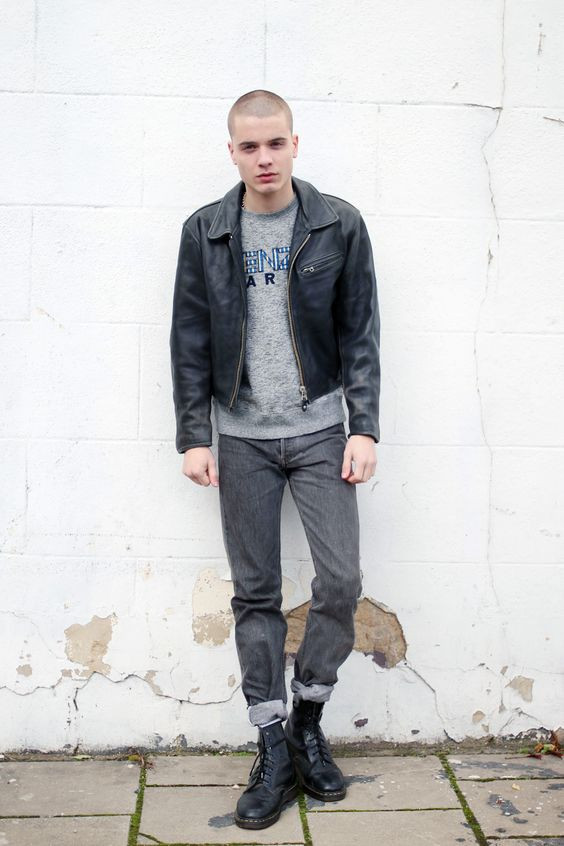 Black Harrington Jacket, Dr. Martens Clothing Ideas With Grey Jeans, Dr. Martens 1460 Look Men's: 