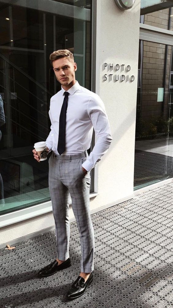 White Shirt, Interview Clothing Ideas With Grey Formal Trouser, Formal White Shirt Outfit Men: 