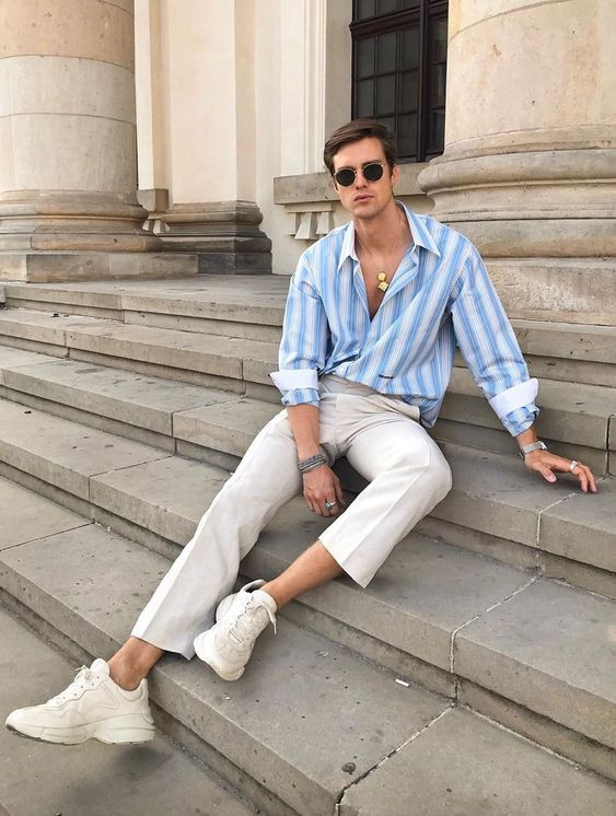 Light Blue Shirt, Aesthetic Fashion Outfits With Beige Sweat Pant, Chunky Shoes Outfit Men: 