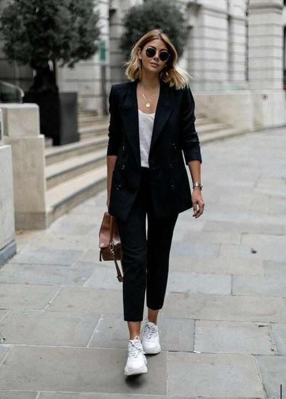 Black Suit Jackets And Tuxedo, Office Attires Ideas With Black Formal Trouser, Womens Blazer And Sneakers Outfit: 