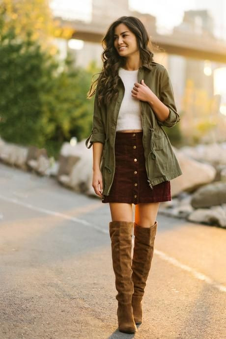 Brown Pencil And Straight, Suede Skirt Wardrobe Ideas With Green Casual Jacket, Knee High Boots: 