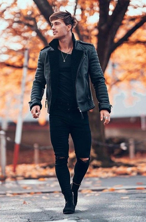 Black Biker Jacket, Stylish Boots Outfits With Dark Blue And Navy Casual Trouser, Mens boots fashion: 