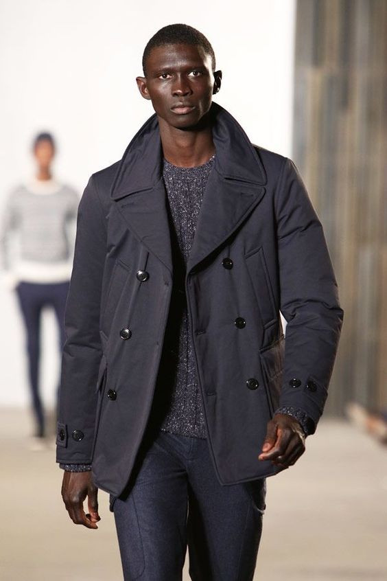 Blue Peacoat, Pea Coat Fashion Wear With Dark Blue And Navy Suit Trouser, Pea Coat Men: 