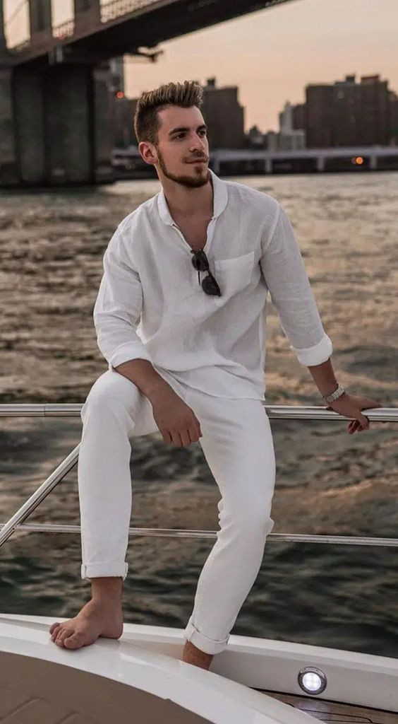 White Shirt, Boating Outfits With White Jeans, Men's Linen Outfit: 