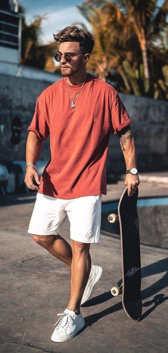 Orange T-shirt, Men's Fashion Ideas With White Casual Short, Skater Shorts Outfit: 