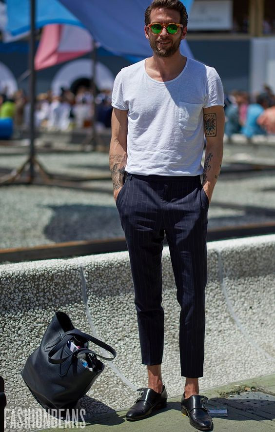 White T-shirt, Loafers Clothing Ideas With Dark Blue And Navy Formal Trouser, Black Leather Shoes Casual: 