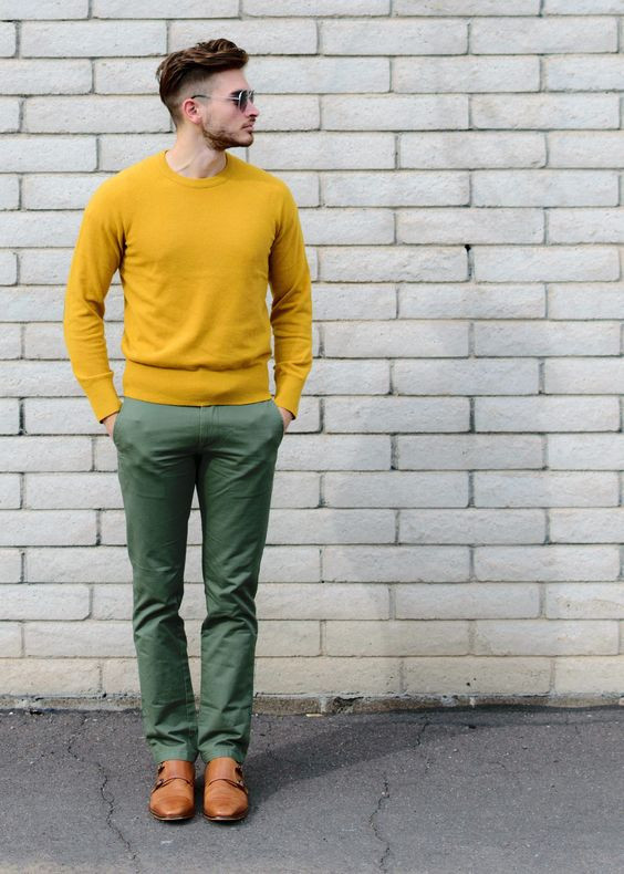 Yellow Sweater, Mustard Sweater Fashion Ideas With Green Jeans, Yellow Shirt Green Pants Men: 