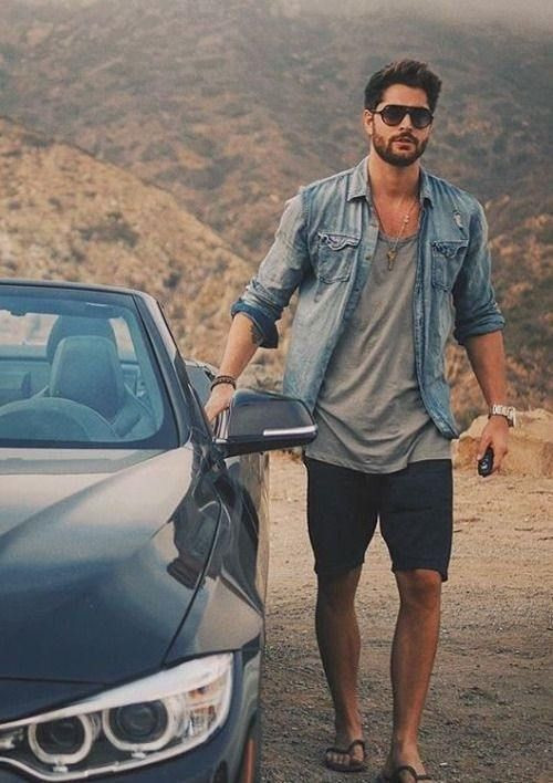 Light Blue Denim Shirt, Stylish Summer Fashion Wear With Dark Blue And Black Denim Short, Men's Denim Shirt Outfit: 