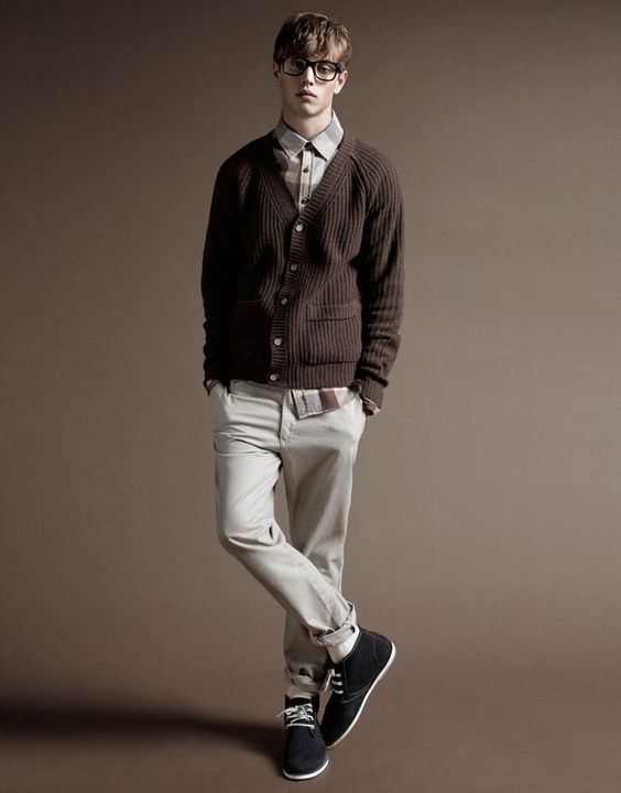 Brown Cardigan, Nerd Clothing Ideas With Beige Leather Trouser, Pull And Bear Men: 