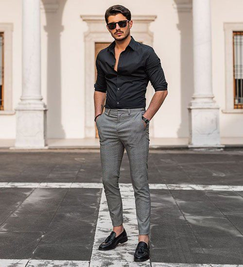 Black Shirt, Clubbing Outfit Designs With Grey Casual Trouser, Men's Clubbing Outfit: 