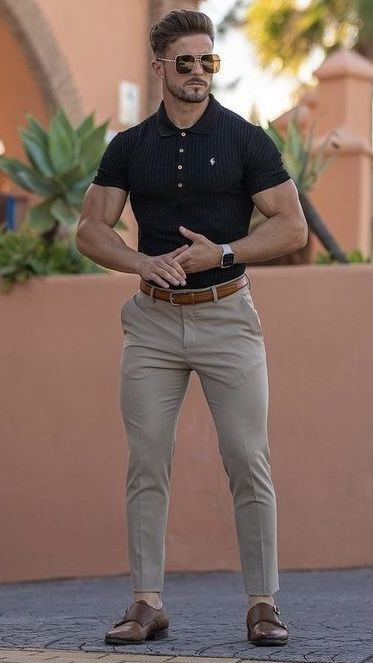 Khaki Jeans, Chinos Fashion Wear With Black Polo-shirt, Ropa Casual Hombre 2022: 