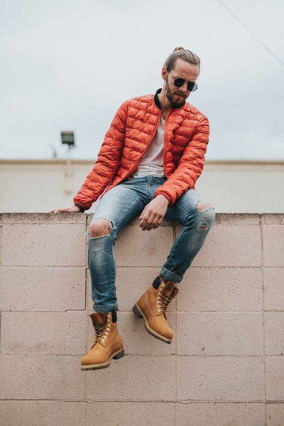 Orange Bomber Jacket, Timberland Boot Fashion Ideas With Denim Jeans, Boots Outfits: 