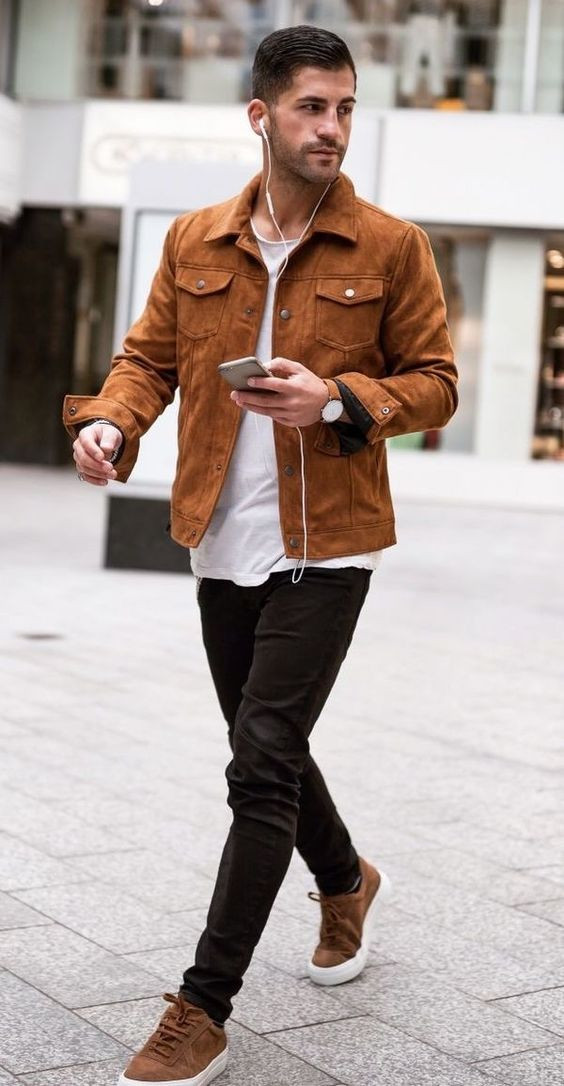 Brown Casual Jacket, Bomber Jacket Outfit Trends With Black Casual Trouser, Trucker Jacket Style Men: 