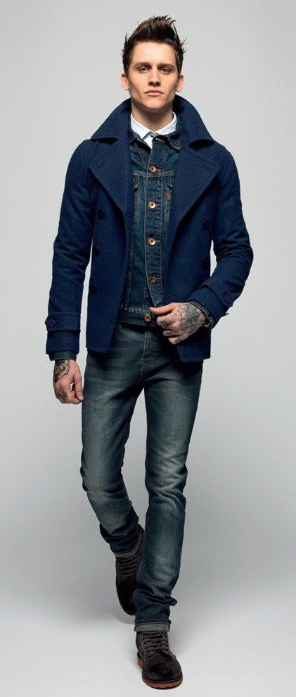 Dark Blue And Navy Casual Jacket, Pea Coat Attires Ideas With Dark Blue And Navy Jeans, Denim Jacket And Peacoat: 