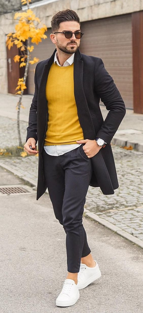 Black Wool Coat, Mustard Sweater Outfit Designs With Black Casual Trouser, Boys Street Style: 