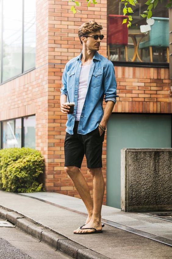 Light Blue Casual Jacket, Stylish Summer Attires Ideas With Dark Blue And Black Denim Short, Men Preppy Summer: 