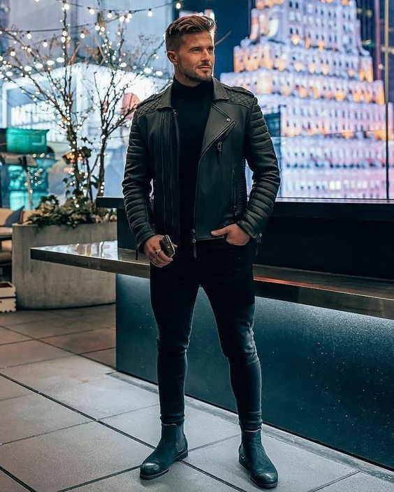 Black Biker Jacket, Men's Outfit Designs With Black Casual Trouser, Jaqueta De Couro Masculina Outfit: 